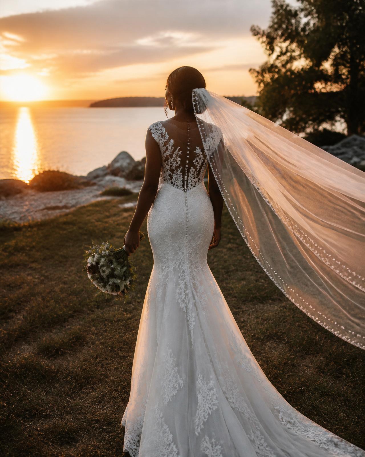 Bride with cathedral veil in marble hall