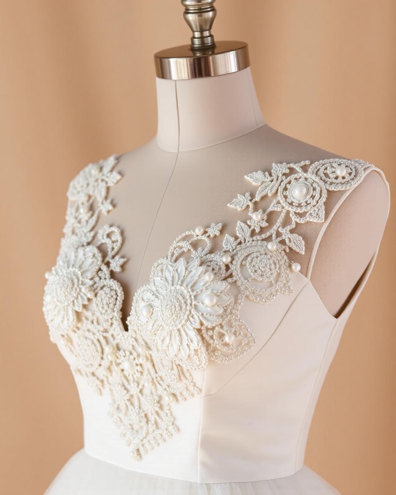 Close-up detail of hand-beaded mother-of-pearl and crystal bodice on ivory silk
