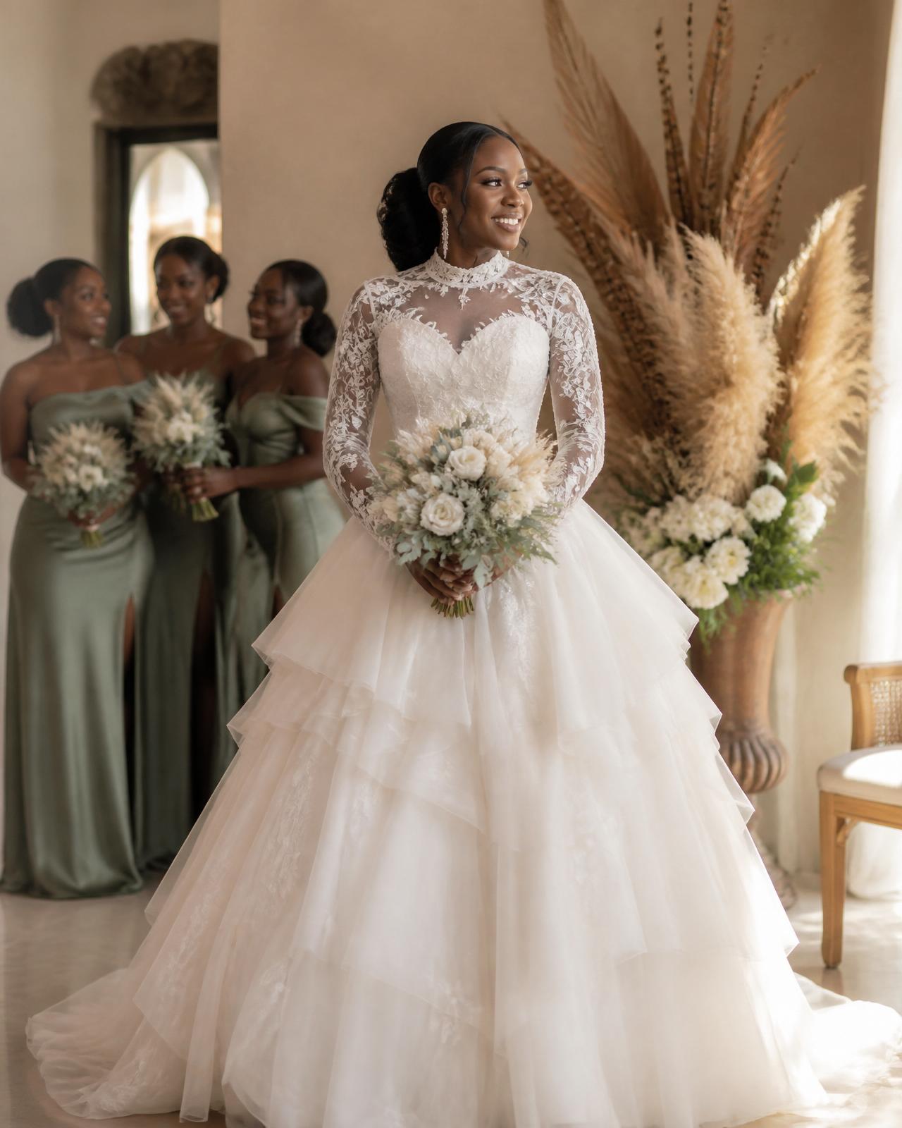 Bride in flowing ivory tulle gown walking through golden savanna at sunset