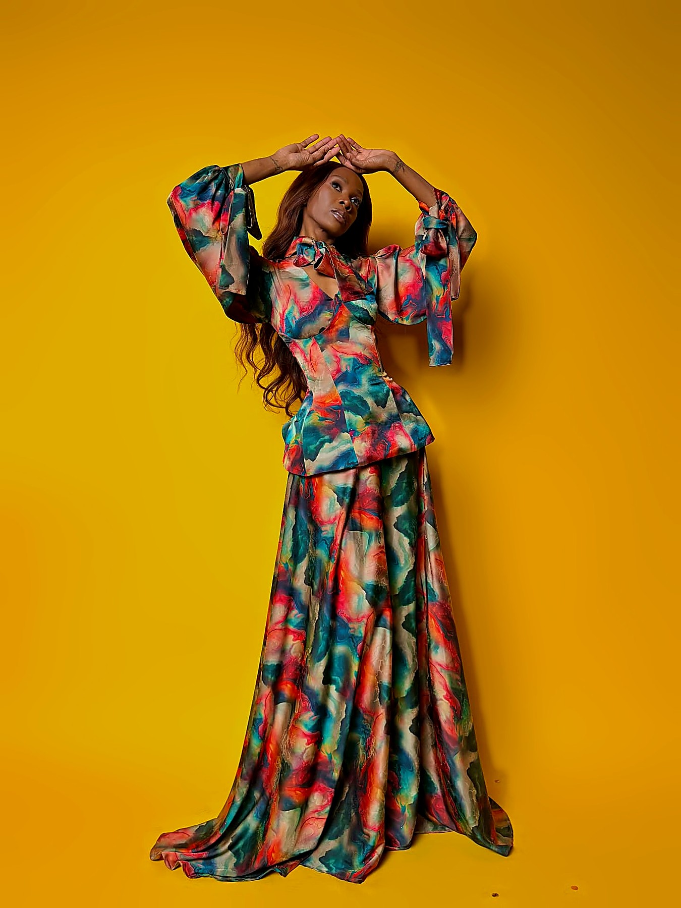 Marbled printed silk peplum jacket and full maxi skirt two-piece