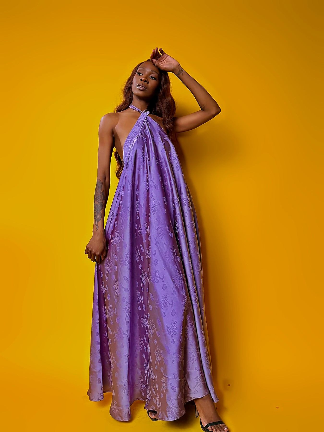 Lilac jacquard halter-neck maxi dress with a full trapeze skirt