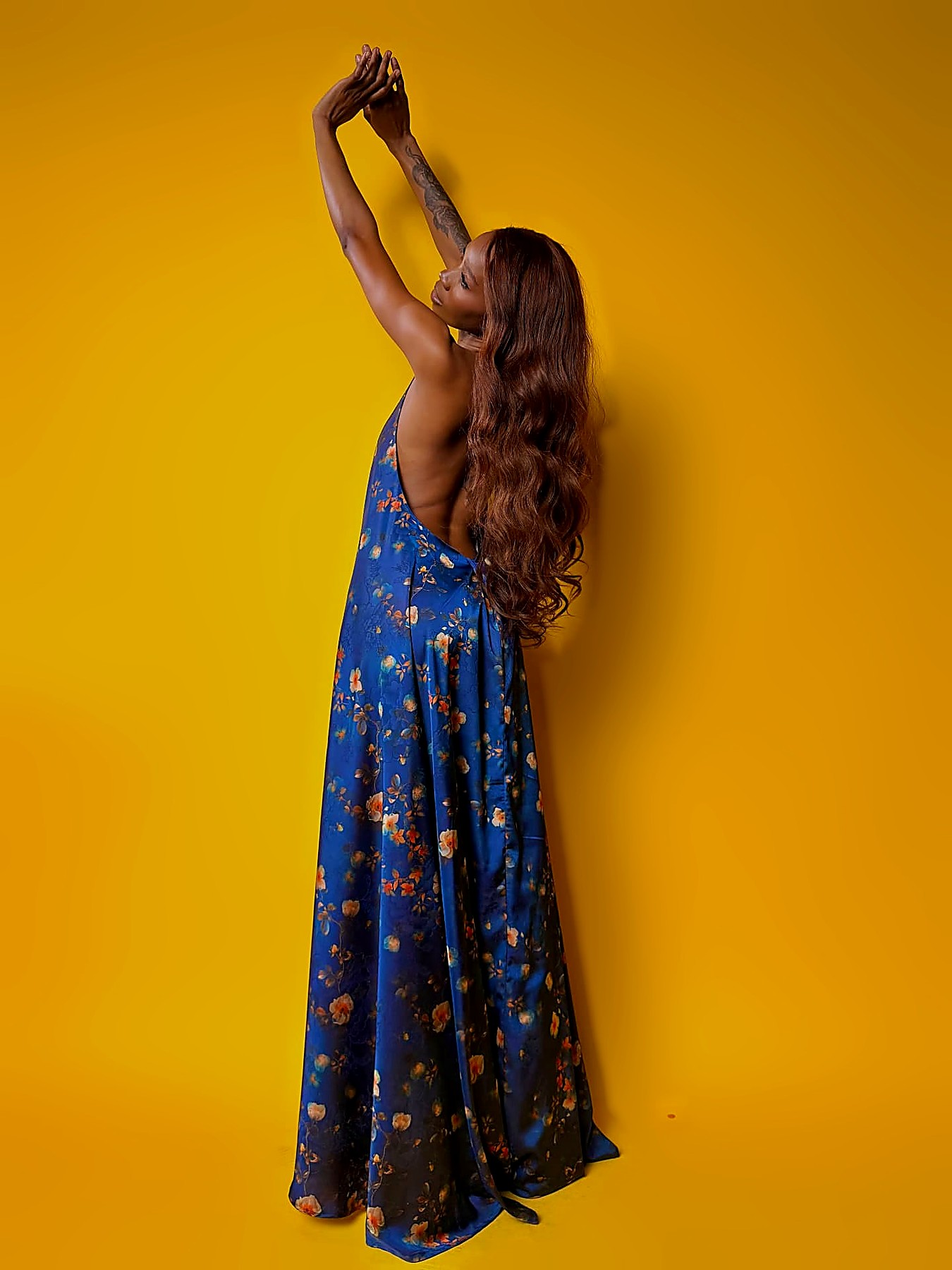 Back of the cobalt floral satin maxi dress