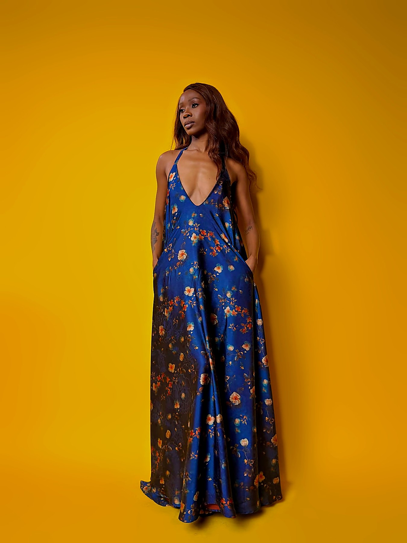 Cobalt blue floral satin plunge halter maxi dress with pockets