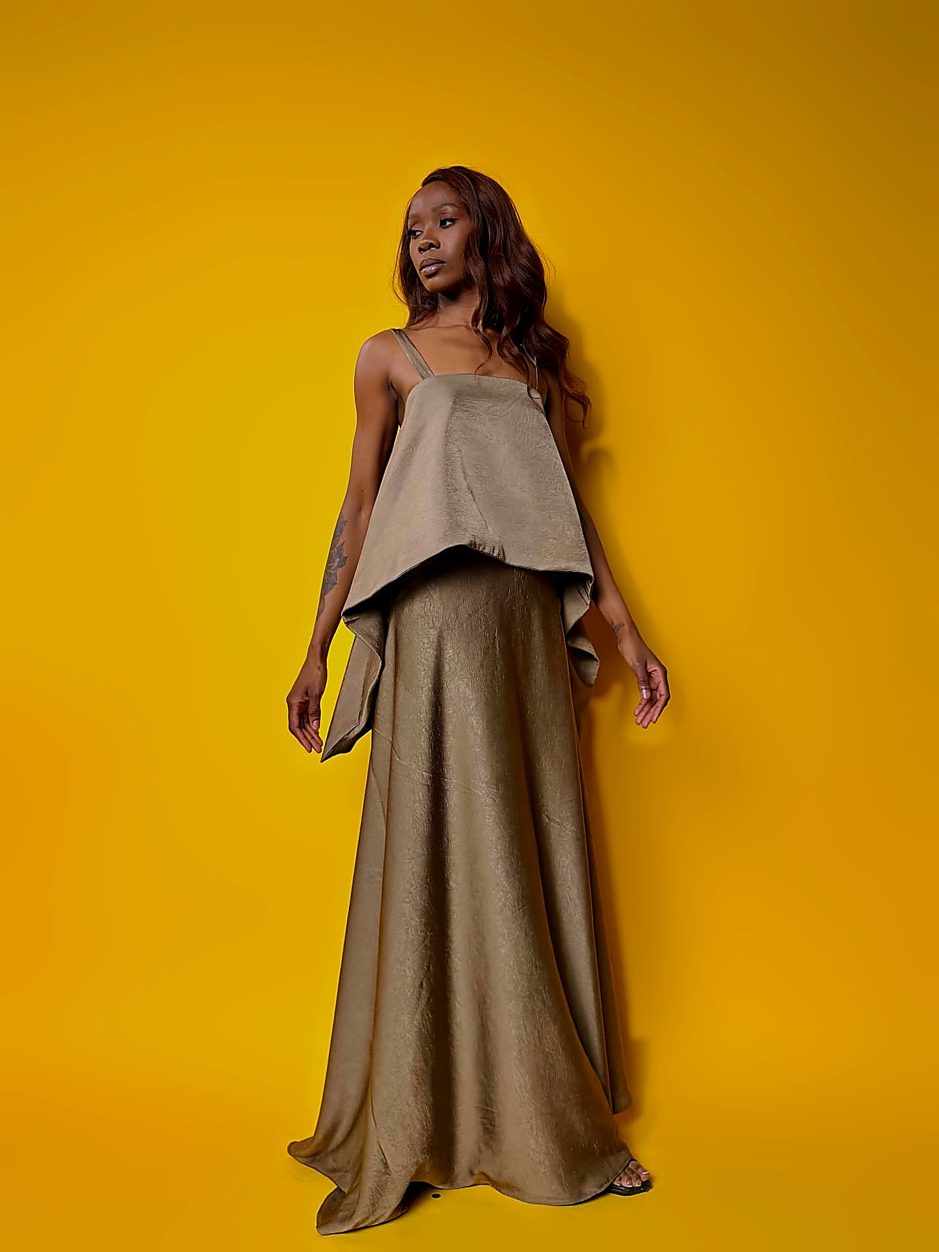 Olive crushed silk handkerchief camisole over a full bias maxi skirt