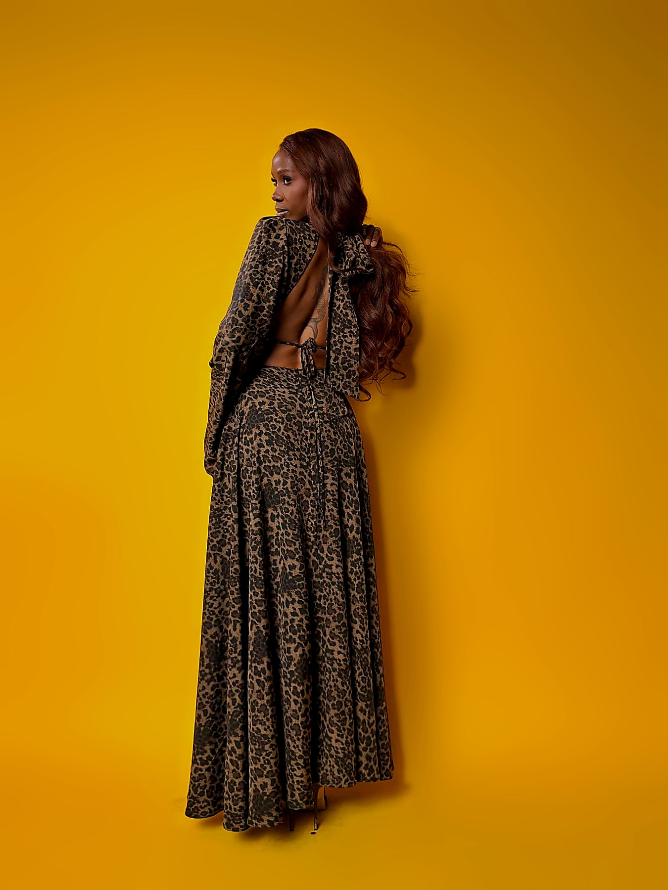 Open tie-back detail of the leopard print two-piece