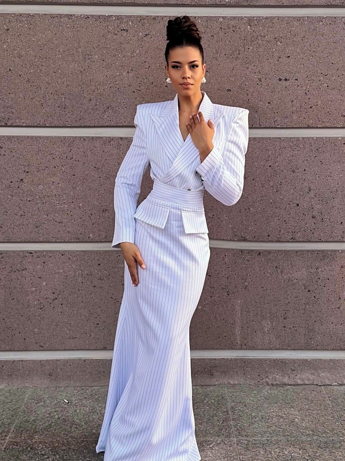 Ivory pinstripe tailored wrap jacket and floor-length pencil skirt two-piece suit
